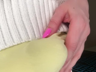 Stepson saw Stepmother’s Big Cumshot through pants in the office