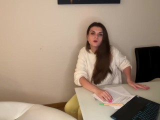 Stepson saw Stepmother’s Big Cumshot through pants in the office