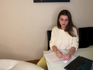 Stepson saw Stepmother’s Big Cumshot through pants in the office