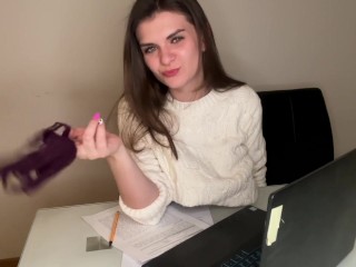 Stepson saw Stepmother’s Big Cumshot through pants in the office