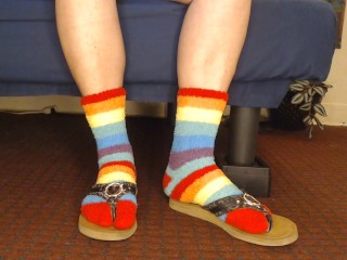 Fuzzy Rainbow Socks Guess Leather Flip Flops