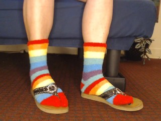 Fuzzy Rainbow Socks Guess Leather Flip Flops