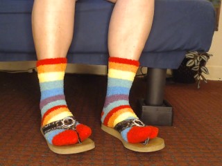 Fuzzy Rainbow Socks Guess Leather Flip Flops