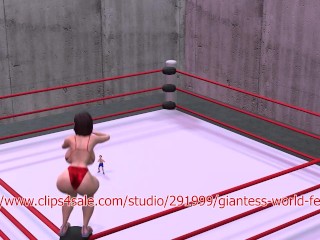 belly trampling and face trampling in mixed wrestling - giantess juicy vs skinny little guy