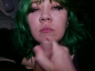 Amateur Goth girlfriend gives amazing tongue action blowjob, and gets facial