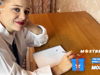 A Russian schoolgirl's lesson with a teacher in mathematics.