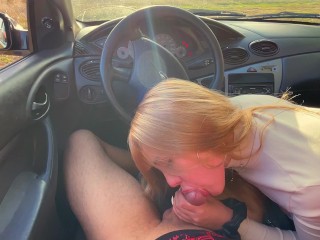 Sloppy Blowjob inside the Car in Countryside