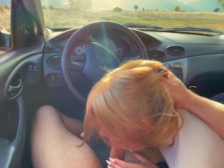 Sloppy Blowjob inside the Car in Countryside