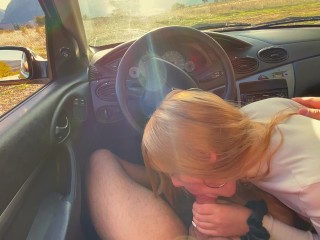 Sloppy Blowjob inside the Car in Countryside