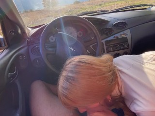 Sloppy Blowjob inside the Car in Countryside