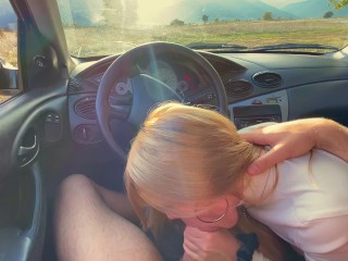 Sloppy Blowjob inside the Car in Countryside