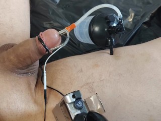 Having a hard orgasm and milking my cock using my big estim urethral electrode