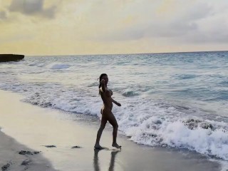 Monika Foxxx in bikini and naked walks on beach and swims in ocean in public