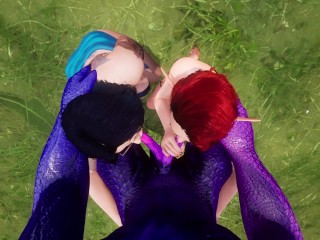 Yiff Threesome Goth Girl & Redhead Elf Fucked by Double Cock Lizard