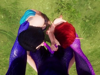 Yiff Threesome Goth Girl & Redhead Elf Fucked by Double Cock Lizard