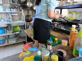 Amateur Thai couple have sex in the kitchen while the wife is cooking. (Cam 1-1)