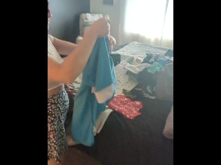 Harper does laundry in sheer top, skirt and red hair