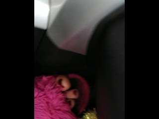 Girl films up her own black minidress and teases with her panties in public while I am driving