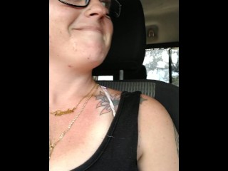 Girl films up her own black minidress and teases with her panties in public while I am driving