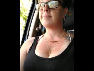 Girl films up her own black minidress and teases with her panties in public while I am driving