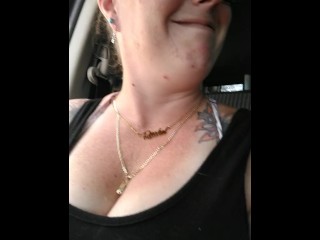 Girl films up her own black minidress and teases with her panties in public while I am driving