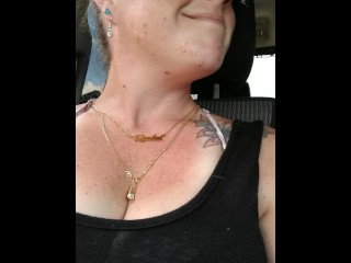 Girl films up her own black minidress and teases with her panties in public while I am driving