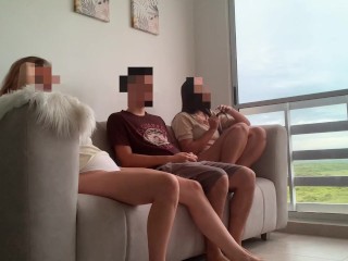 I'm watching a movie with my stepsister and her friend and they both end up riding my cock like slut
