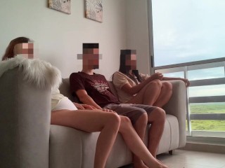 I'm watching a movie with my stepsister and her friend and they both end up riding my cock like slut