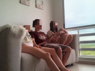 I'm watching a movie with my stepsister and her friend and they both end up riding my cock like slut