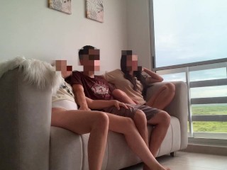 I'm watching a movie with my stepsister and her friend and they both end up riding my cock like slut