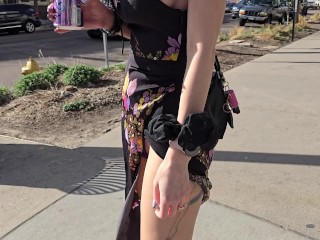 Skimpy dress exposes wife's tits and pussy on a windy day