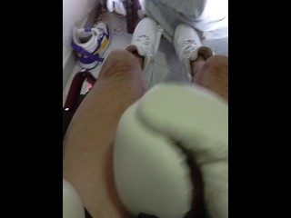 Wheelchair jerkoff in Adidas boxe gloves and Nike af1. Paraplegic