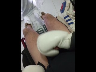 Wheelchair jerkoff in Adidas boxe gloves and Nike af1. Paraplegic