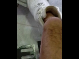 Wheelchair jerkoff in Adidas boxe gloves and Nike af1. Paraplegic