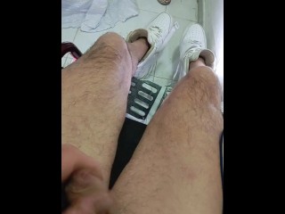 Wheelchair jerkoff in Adidas boxe gloves and Nike af1. Paraplegic