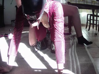 Milf on leather catsuit, platform boots roughly fucked and cum on tits