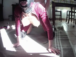 Milf on leather catsuit, platform boots roughly fucked and cum on tits PREVIEW