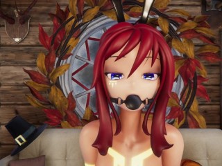 Hentai Vtuber Elfie Love squirts w/ dildo in black latex suit and ball gag (3D / VRCHAT / MMD)