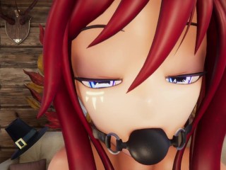 Hentai Vtuber Elfie Love squirts w/ dildo in black latex suit and ball gag (3D / VRCHAT / MMD)