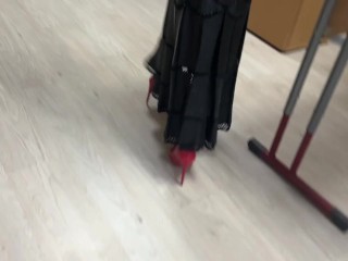 teacher is teaching a lesson at school, but one of students look only on her sexy shoes and heels