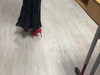 teacher is teaching a lesson at school, but one of students look only on her sexy shoes and heels