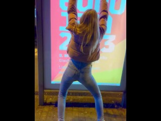 German Slut in tight Jeans flashing perfect Bubble Butt on Public Train Station - Girl Flashing Ass