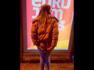 German Slut in tight Jeans flashing perfect Bubble Butt on Public Train Station - Girl Flashing Ass