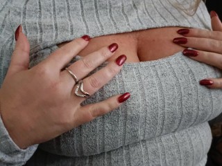 Giving a striptease for my stepson with my huge tits, my long painted nails and big areola boobs