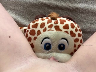 Pretty brunette peeing on plushie humping 4K POV