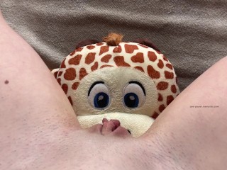 Pretty brunette peeing on plushie humping 4K POV