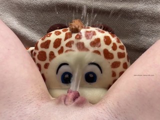 Pretty brunette peeing on plushie humping 4K POV