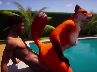 Furry slut fucks lucky guy in pool so he cums on her face in Wild Life Sex