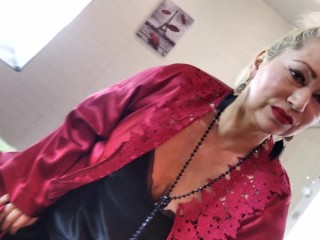 Mature Slut Wife in a red satin negligee, with a ponytail on her head and a dick in her mouth ...))