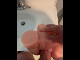 Thick cock fucking male sex toy silicon pussy in both holes and cumming